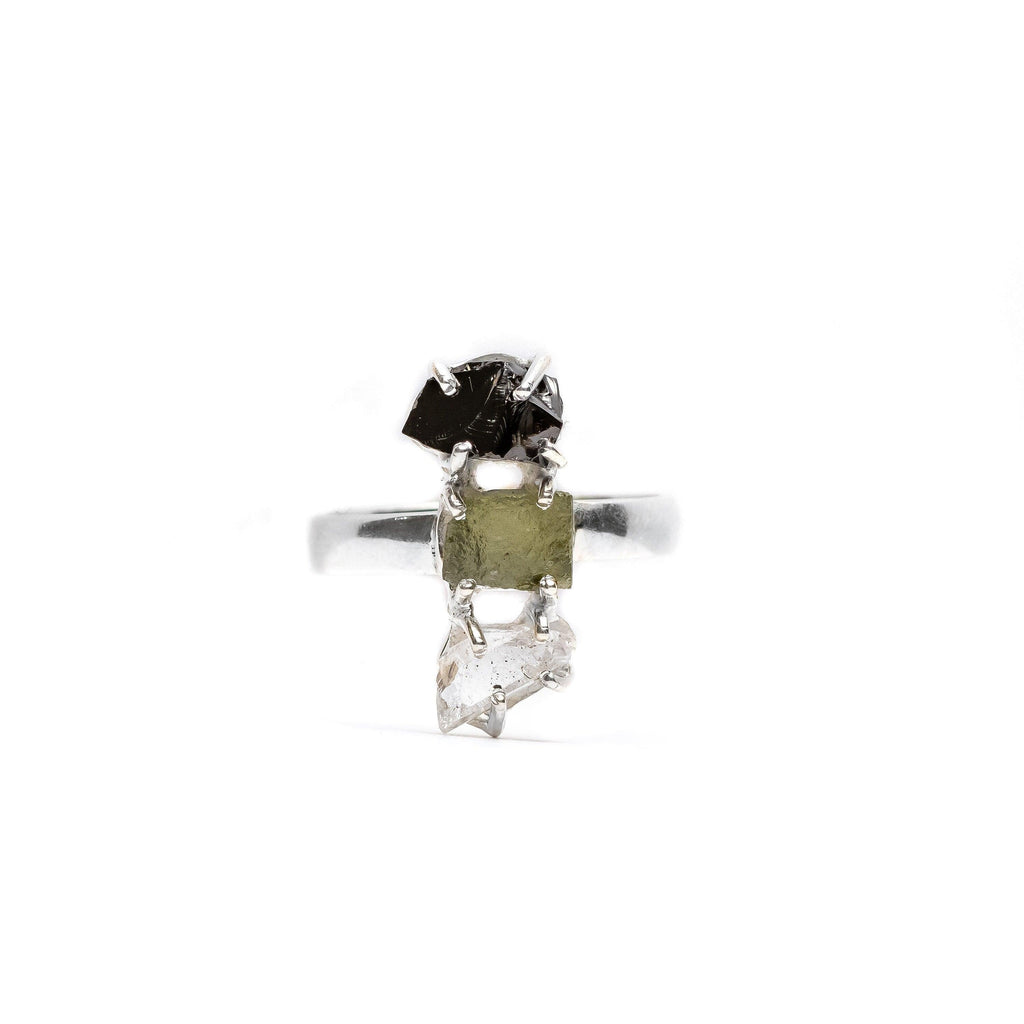  Natural Moldavite/Herkimer/Shungite Ring/ 925 Sterling silver/ Jewelry 