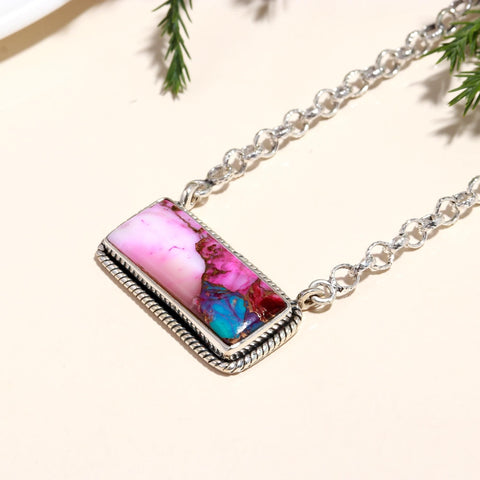 Exquisite Pink Spiny Oyster Turquoise Necklace, Pink Chain Necklace, 925 Sterling Silver Jewelry, Anniversary Gift, Necklace For Her