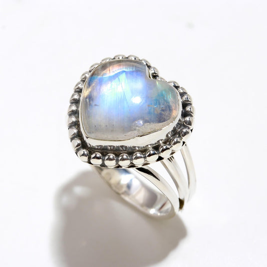 Rainbow Moonstone Ring In 925 Sterling Silver