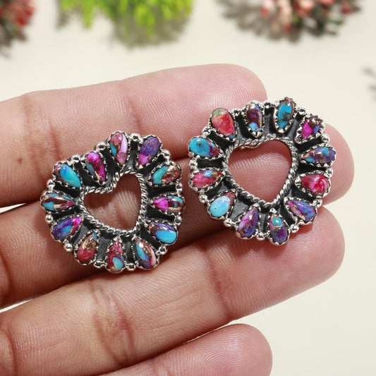 pink Oyster turquoise Earring stud In 925 Sterling Silver
