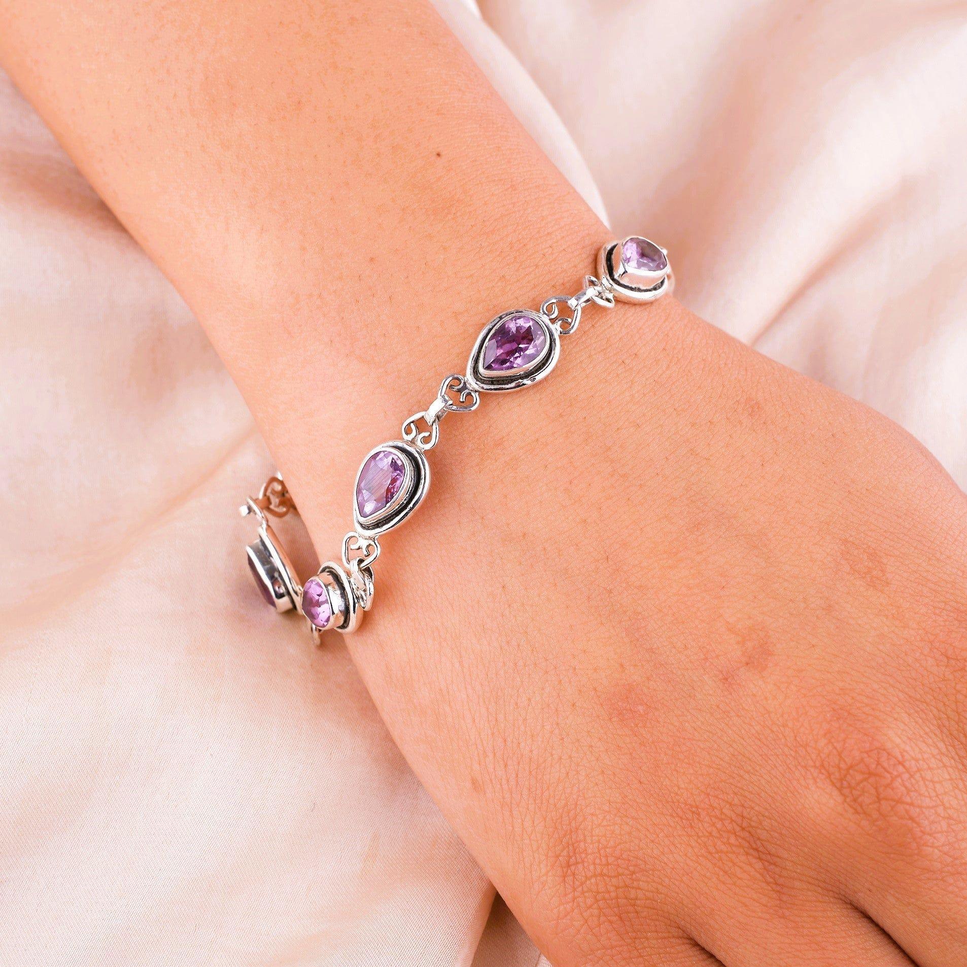 Third Eye Chakra purple gemstone beaded silver bracelet at ₹3450 | Azilaa