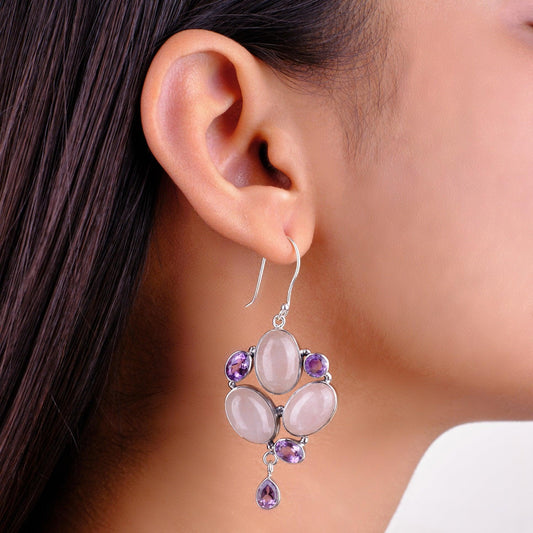 Amethyst, Rose Quartz Gemstone Handmade 925 Solid Sterling Silver Jewelry Earring