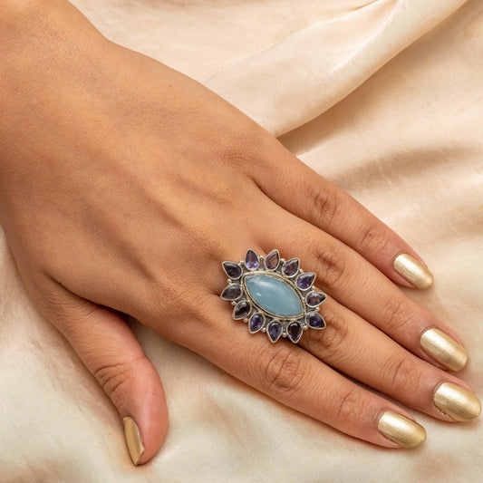 Aqua Chalcedony & Iolite Natural Gemstone 925 Sterling Silver Jewelry Designer Ring Adjustable