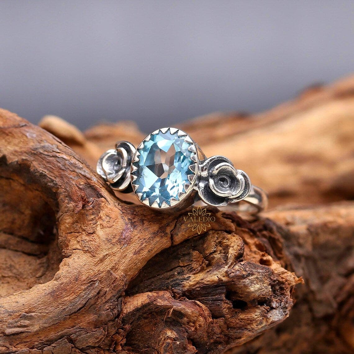 Blue Topaz Flower Ring, 925 Sterling Silver, Handmade Jewelry