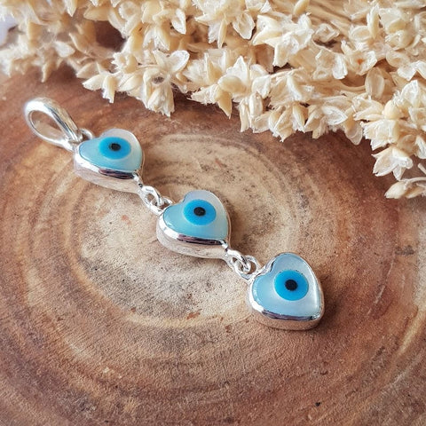 Evil Eye Charm Pendant - 925 Sterling Silver Blue Greek Three Evil Eye Heart Necklace - Good Luck -Protection Charm - Birthday Gift Evil Eye