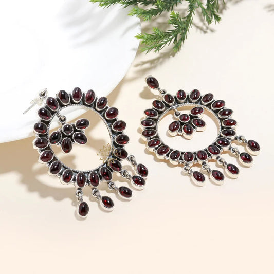Red Garnet Cabochon Earrings, 925 Sterling Silver, Handmade Dangle Earrings, January Birthstone, Chunky Earrings