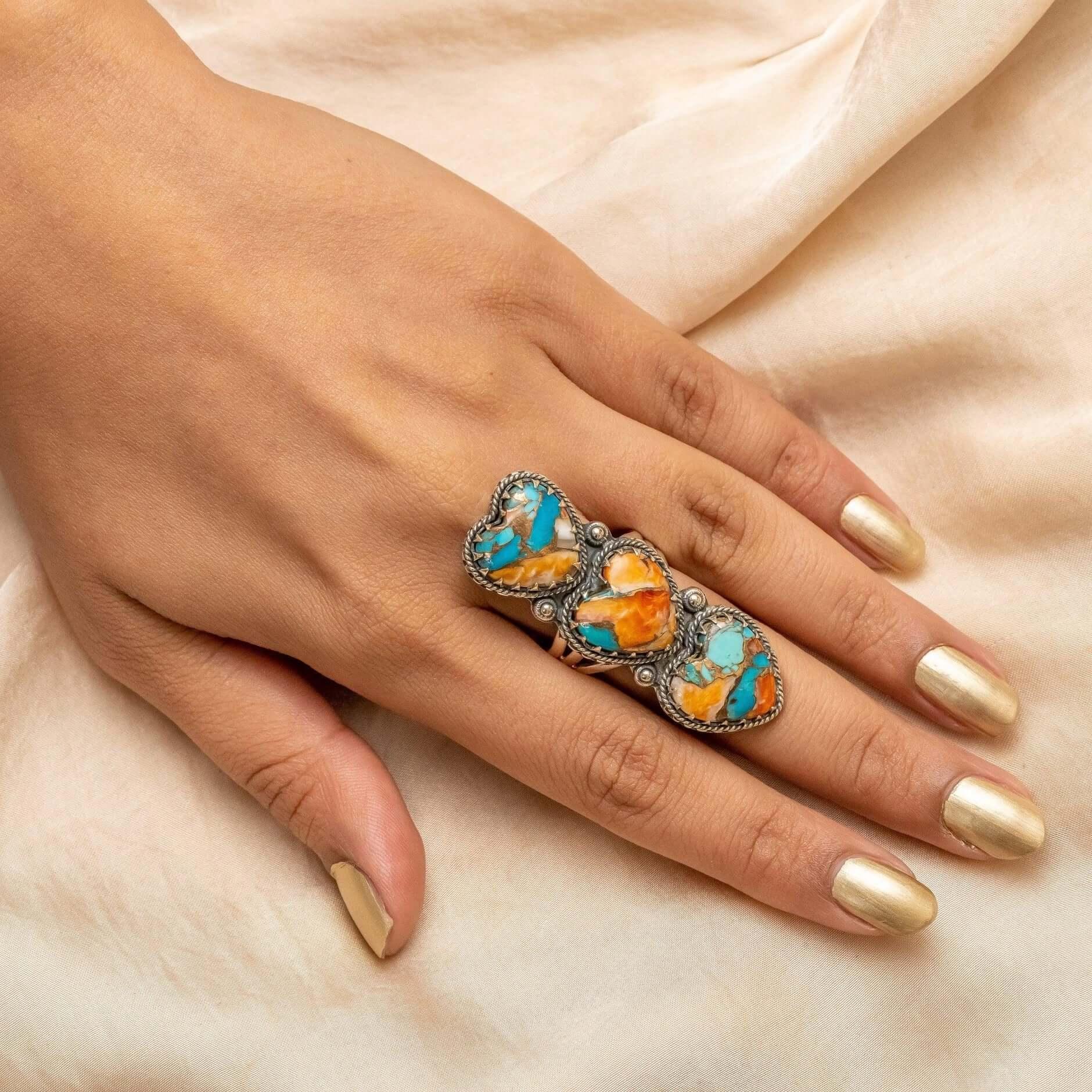 Spiny Oyster Turquoise Silver Ring Natural Gemstone, 925