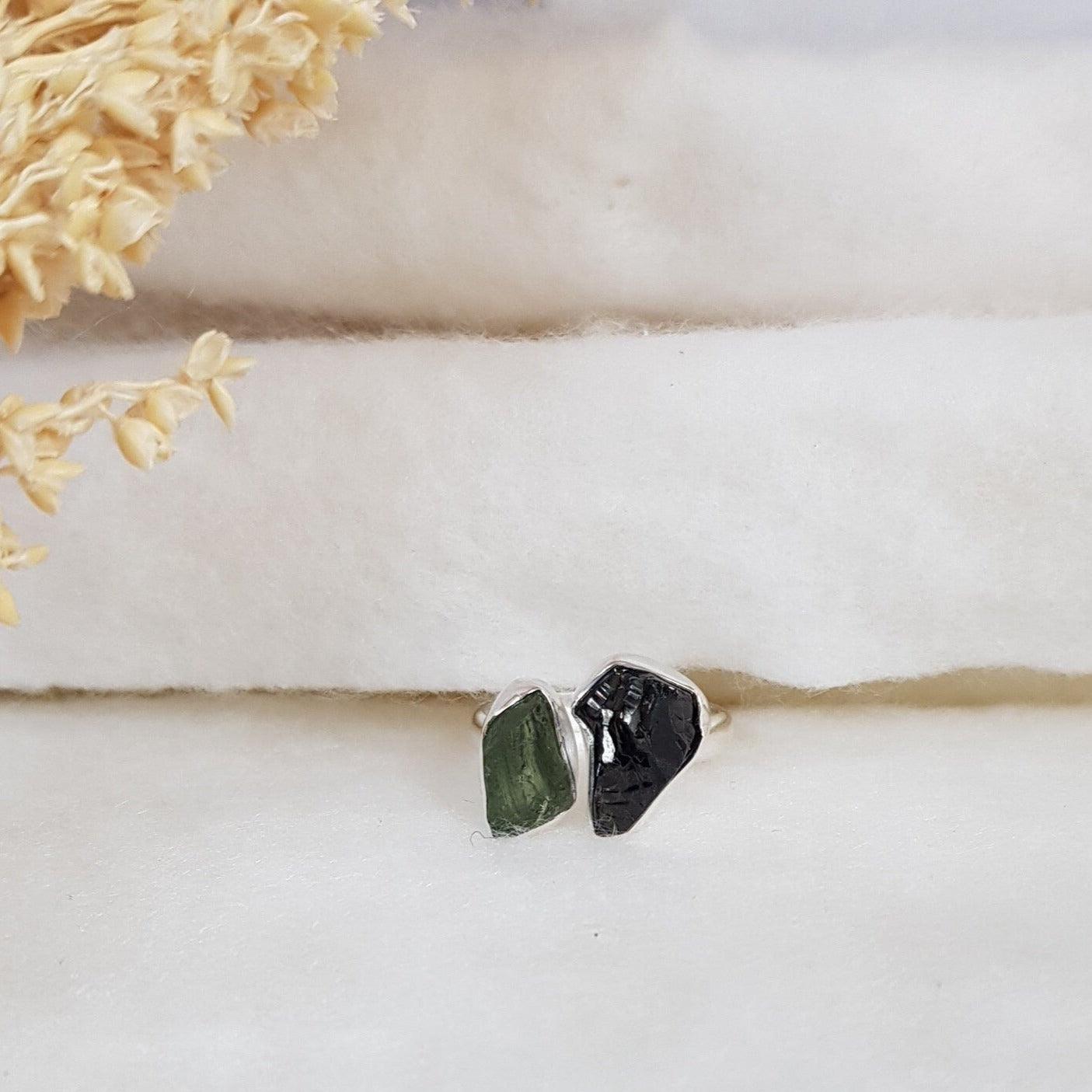 Authentic Moldavite Ring, Shungite Rough Natural Gemstone 925