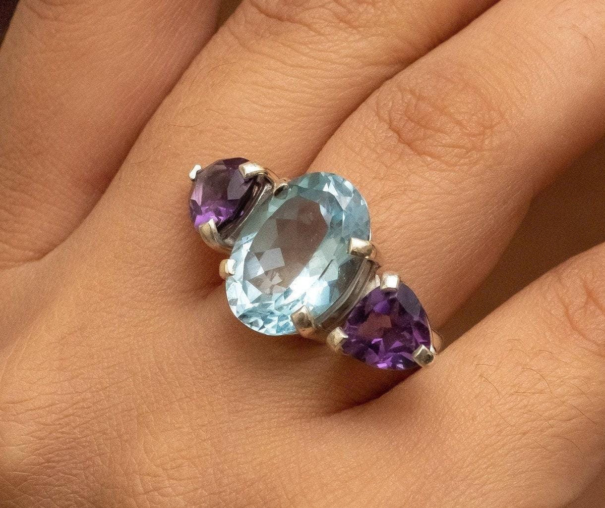 Blue Topaz & Amethyst Ring Natural Gemstone 925 Solid Sterling Silver Handmade Designer Jewelry ( All Sizes Available )