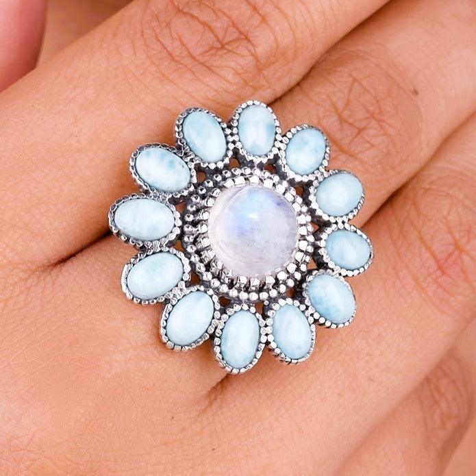 Caribbean Larimar, Moonstone Natural Gemstone 925 Solid Sterling Silver Jewelry Designer Adjustable Ring ( Size 5 To 13 ) NEW-22 - Silverhubjewels