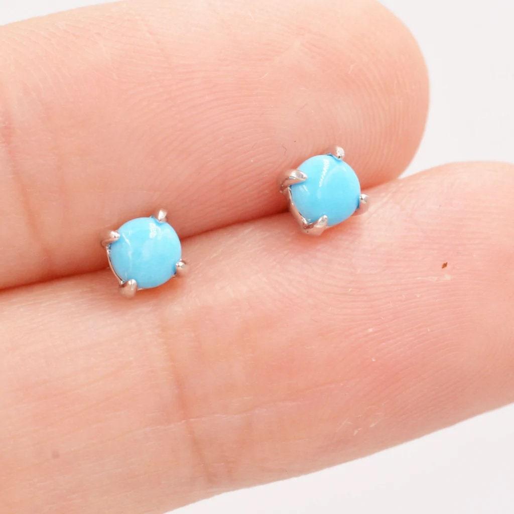 Dainty 5mm Tiny Turquoise Post Earrings | Super Small Sterling Silver Turquoise Stud Earrings | Sterling Silver Studs | Tiny Turquoise Studs - Silverhubjewels