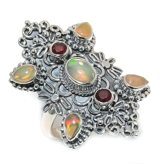 Ethiopian Opal, Garnet Gemstone 925 Solid Sterling Silver Jewelry Ring  SJ-1527 - Silverhubjewels