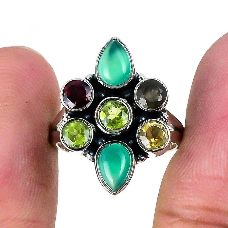 Green Onyx, Garnet Gemstone 925 Solid Sterling Silver Jewelry Ring  SJ-1520 - Silverhubjewels