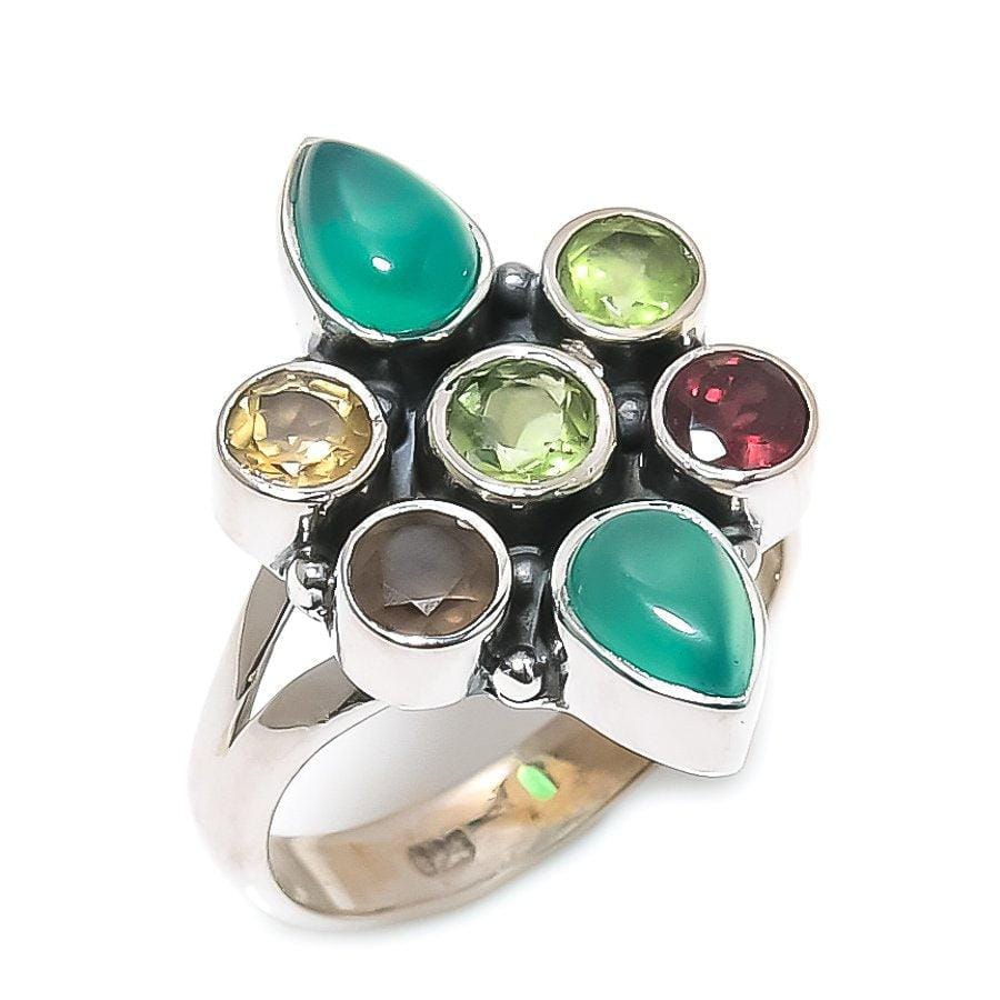 Green Onyx, Garnet Gemstone 925 Solid Sterling Silver Jewelry Ring  SJ-1520 - Silverhubjewels