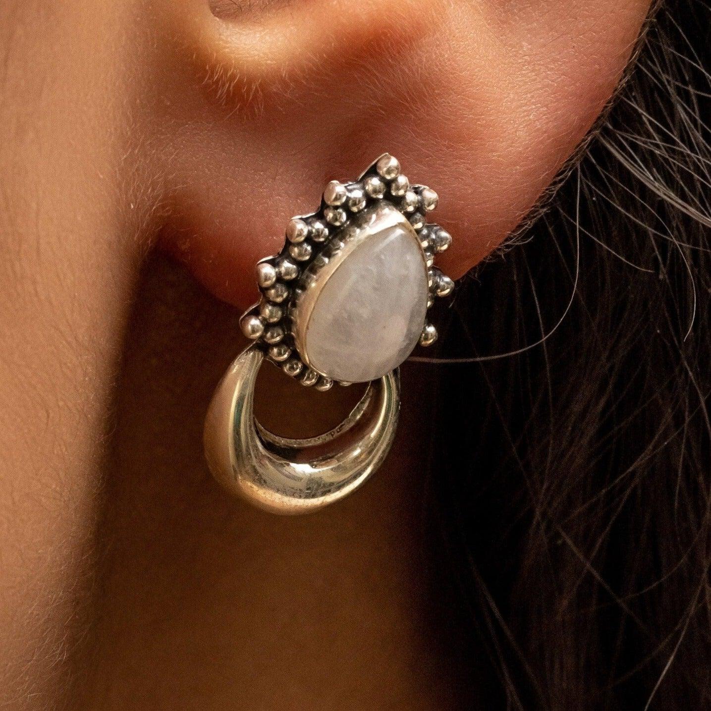 RAINBOW MOONSTONE STUDS WITH HANGING 925 SILVER EARRING