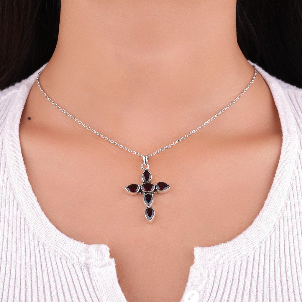 Natural Birthstone Cross pendant Personalized Birthstone pendant C925 Solid Sterling Silver Handmade Birthstone Jewelry - Silverhubjewels