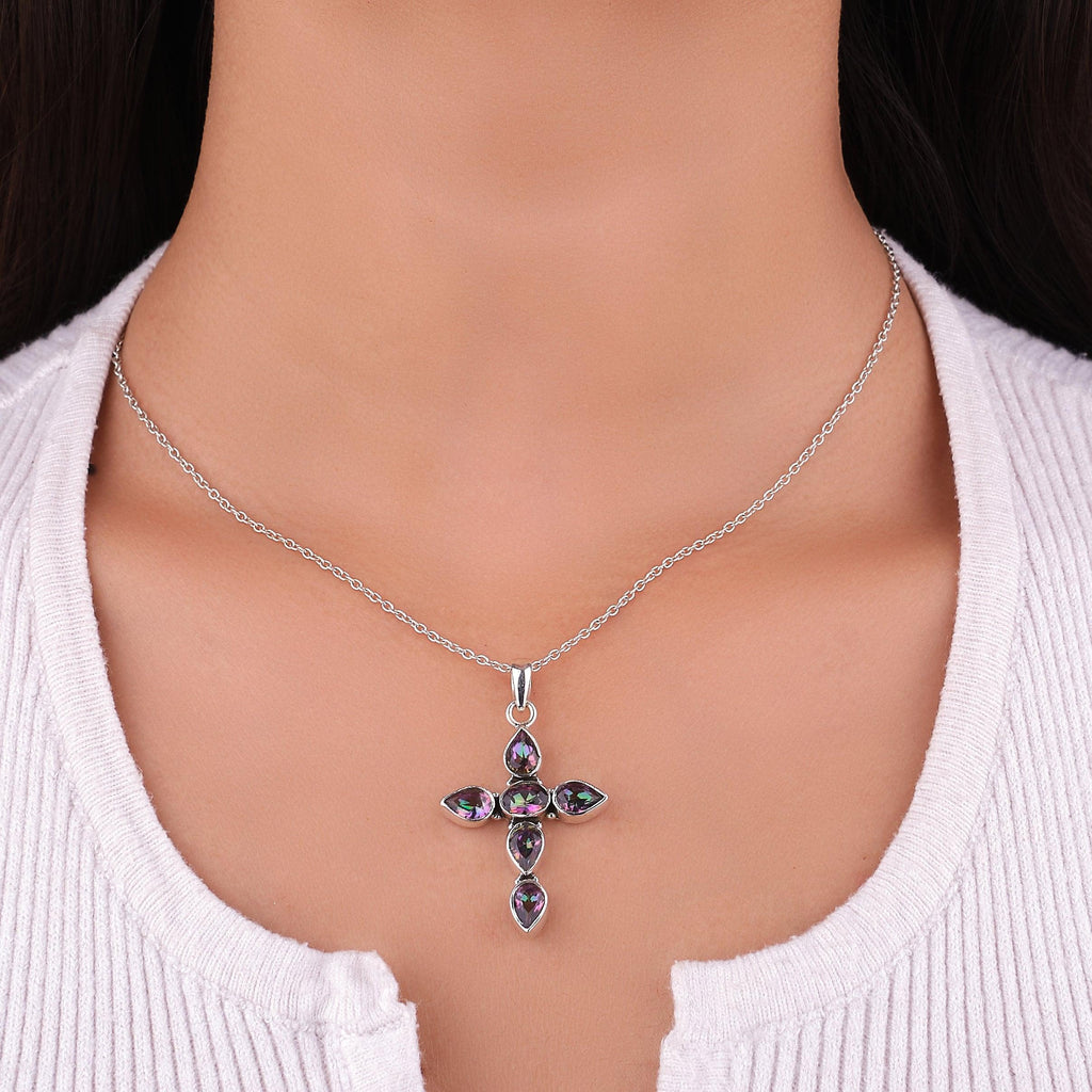 Natural Birthstone Cross pendant Personalized Birthstone pendant C925 Solid Sterling Silver Handmade Birthstone Jewelry - Silverhubjewels