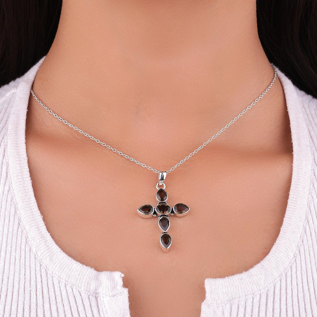 Natural Birthstone Cross pendant Personalized Birthstone pendant C925 Solid Sterling Silver Handmade Birthstone Jewelry - Silverhubjewels