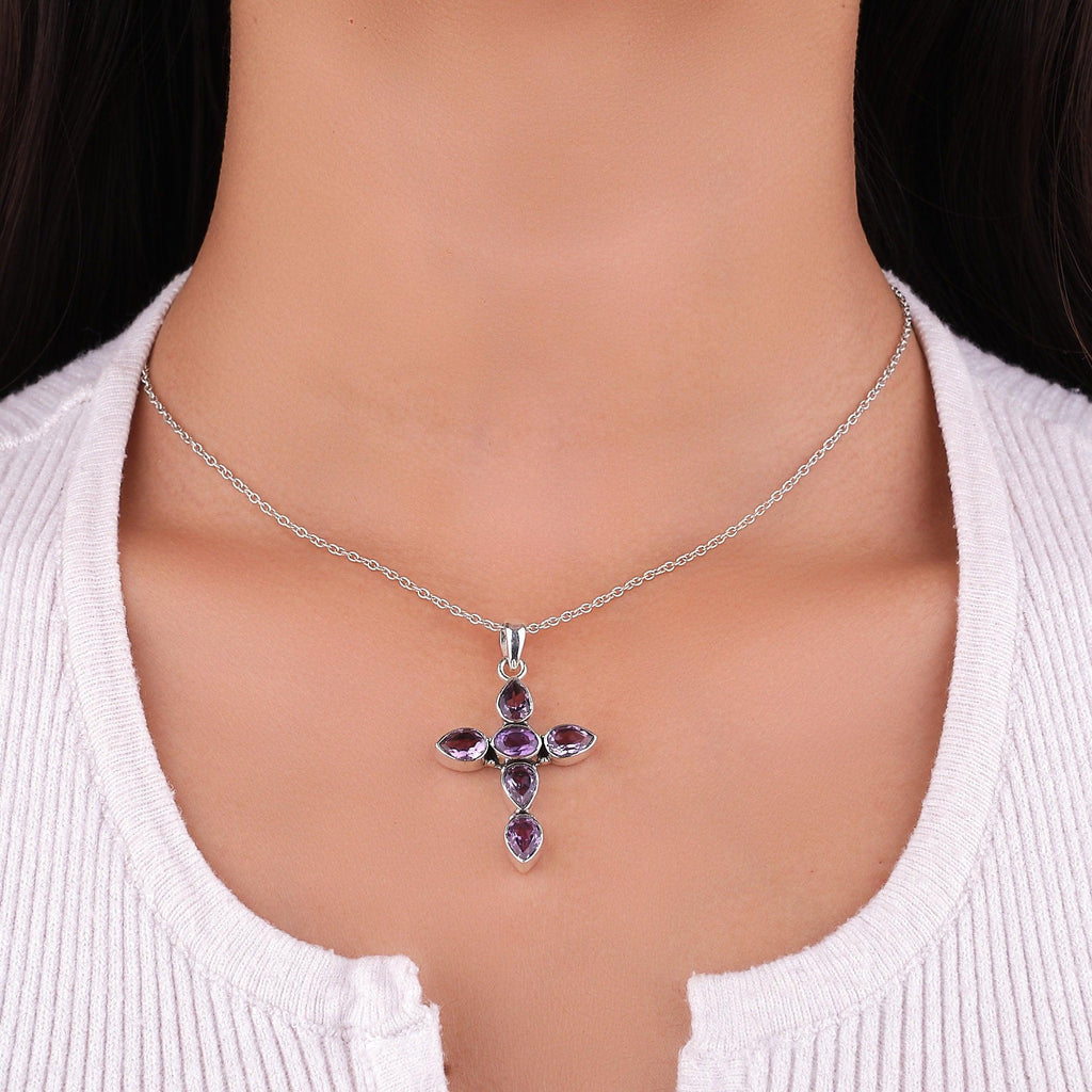 Natural Birthstone Cross pendant Personalized Birthstone pendant C925 Solid Sterling Silver Handmade Birthstone Jewelry - Silverhubjewels