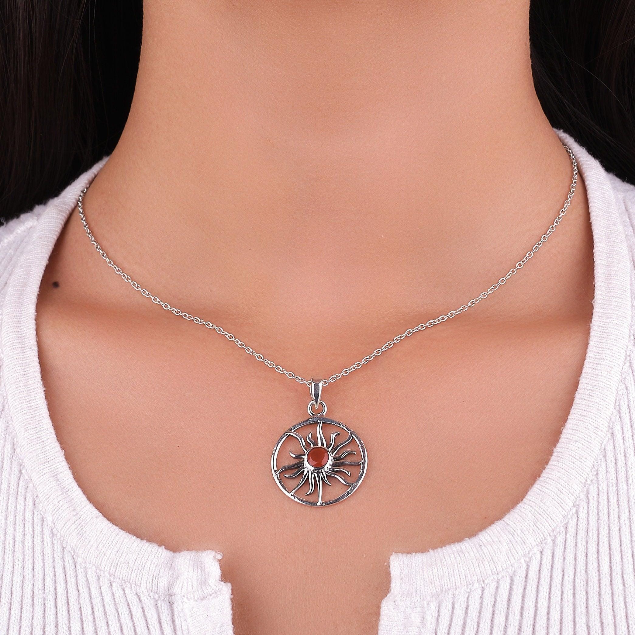 Natural Birthstone Sun Pendant Surya 925 Solid Sterling Silver Handmade Necklace Jewelry - Silverhubjewels