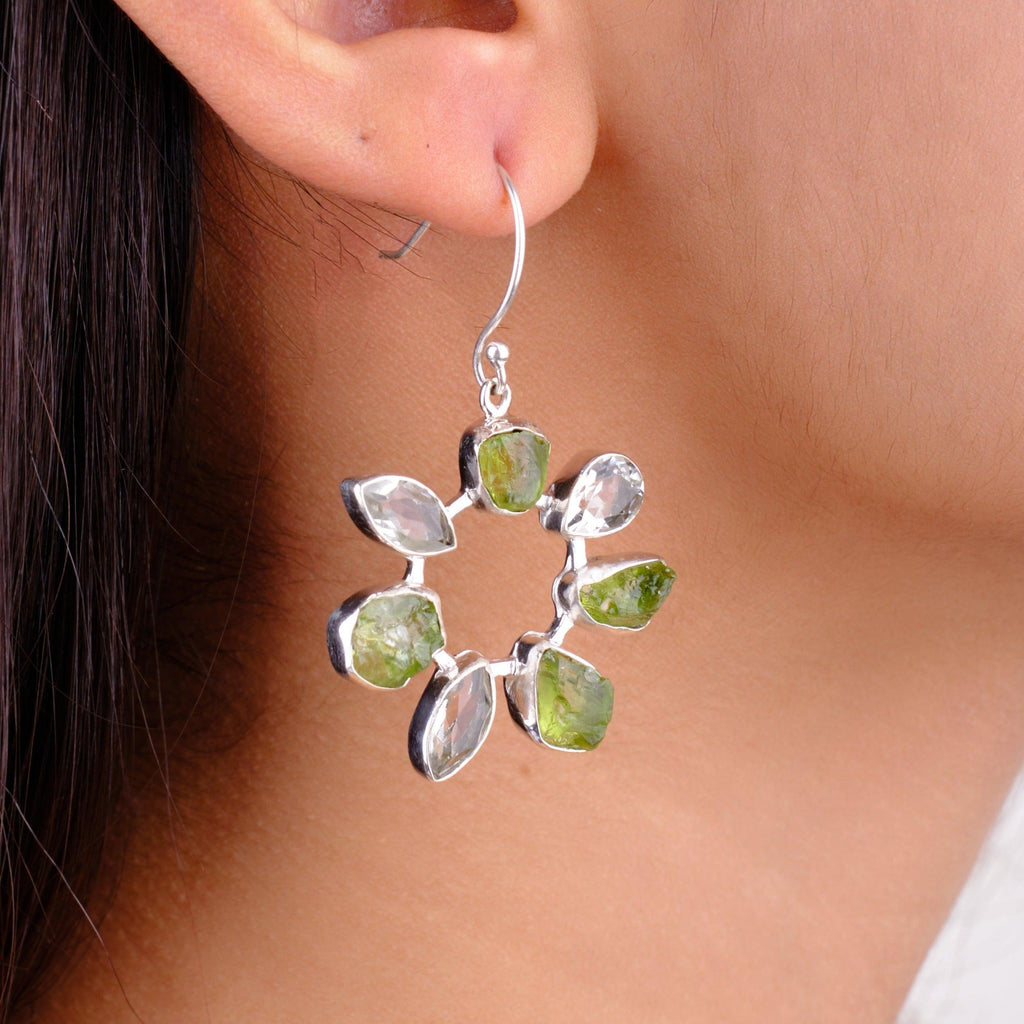 Peridot Rough, Herkimer Diamond Gemstone Handmade 925 Solid Sterling Silver Jewelry Earring - Silverhubjewels