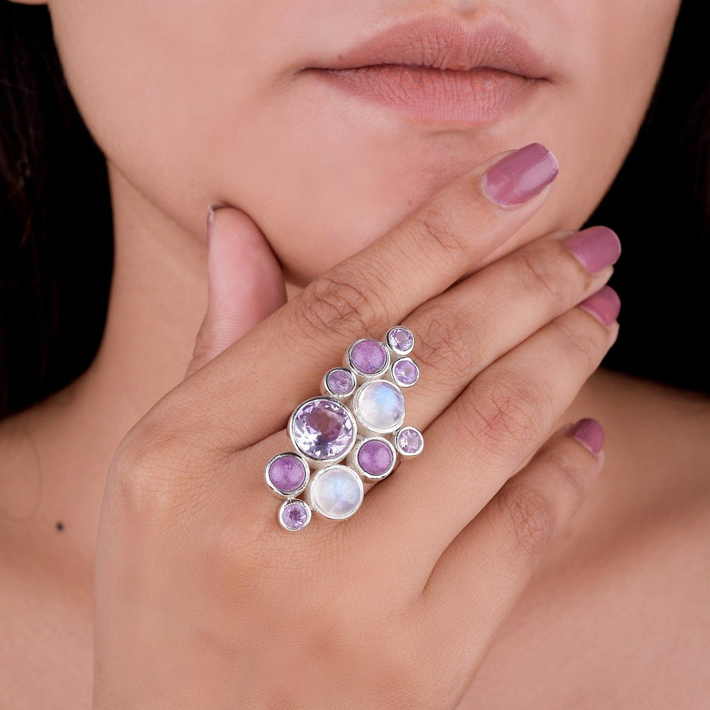 Rainbow Moonstone,Amethyst  925 Solid sterling silver ring