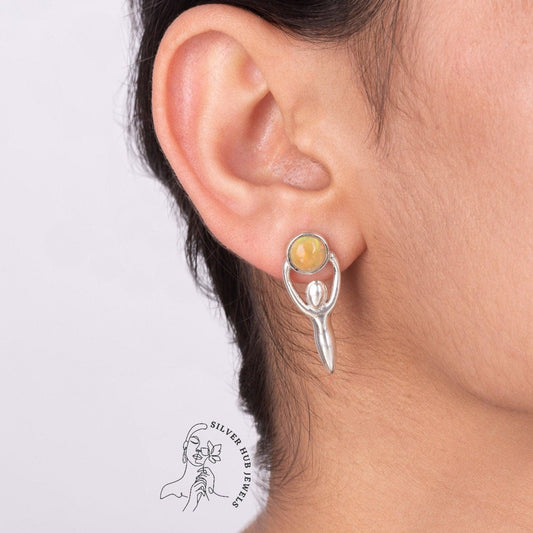 Sterling Silver Lady Stud Earrings | Natural Fire Opal Earrings | Gemstone Earrings | 925 Sterling Silver Gemstone Jewelry | Gift For Her - Silverhubjewels