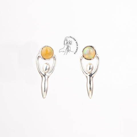 Sterling Silver Lady Stud Earrings | Natural Fire Opal Earrings | Gemstone Earrings | 925 Sterling Silver Gemstone Jewelry | Gift For Her - Silverhubjewels