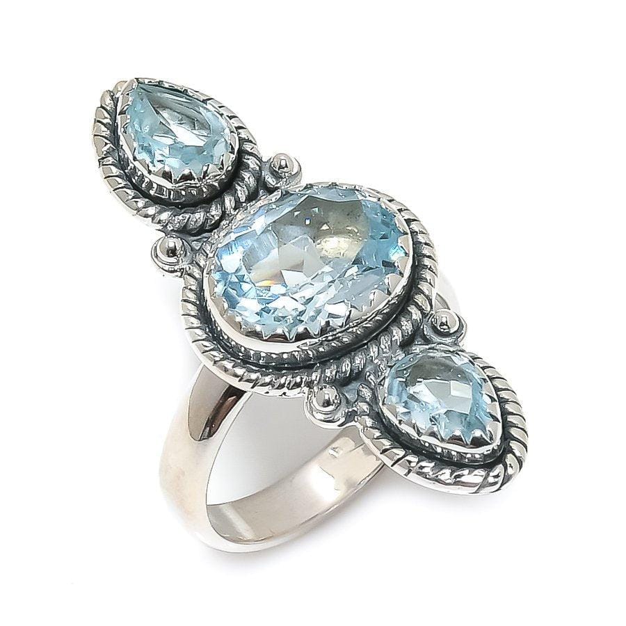 Swiss Blue Topaz Gemstone Handmade 925 Solid Sterling Silver Jewelry Ring  SJ 1402 - Silverhubjewels